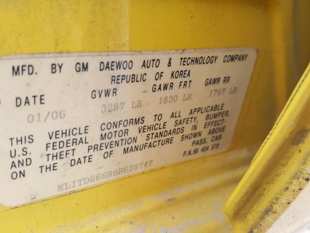KL1TD66686B628747 - 2006 CHEVROLET AVEO BASE Sarı fotoğraf 10
