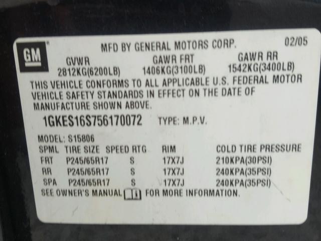 1GKES16S756170072 - 2005 GMC ENVOY XL GRAY photo 10