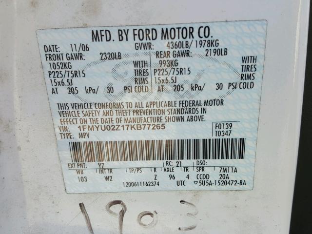 1FMYU02Z17KB77265 - 2007 FORD ESCAPE XLS WHITE photo 10