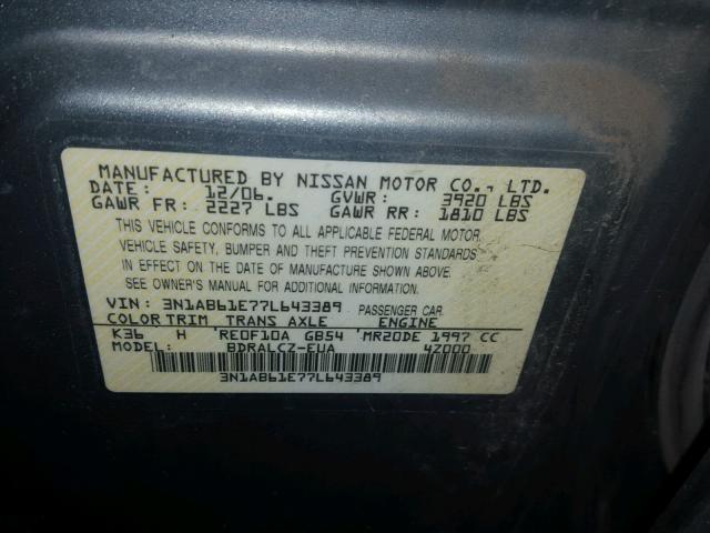 3N1AB61E77L643389 - 2007 NISSAN SENTRA 2.0 GRAY photo 10