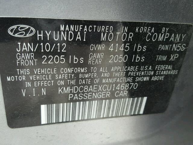 KMHDC8AEXCU146870 - 2012 HYUNDAI ELANTRA TO GRAY photo 10