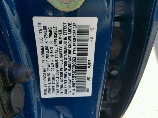 19XFB2F59DE293963 - 2013 HONDA CIVIC LX BLUE photo 10