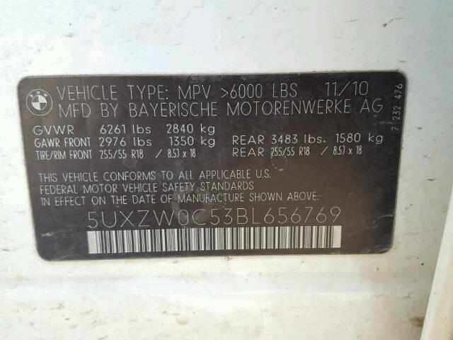 5UXZW0C53BL656769 - 2011 BMW X5 XDRIVE3 WHITE photo 10