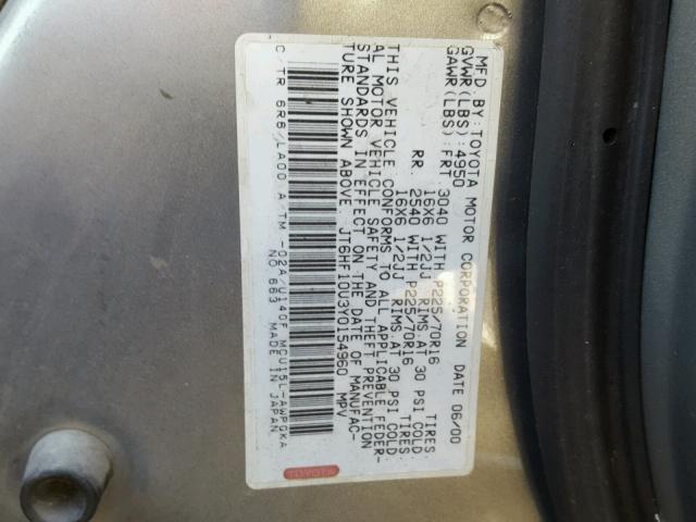 JT6HF10U3Y0154960 - 2000 LEXUS RX 300 SILVER photo 10