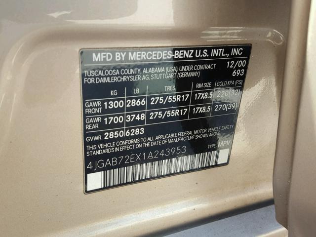 4JGAB72EX1A243953 - 2001 MERCEDES-BENZ ML 430 GOLD photo 10