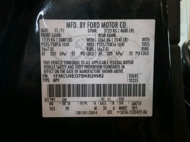 1FMCU9EG7BKB29982 - 2011 FORD ESCAPE LIM BLACK photo 10