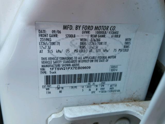 1FTSW21PX7EB09609 - 2007 FORD F250 SUPER WHITE photo 10