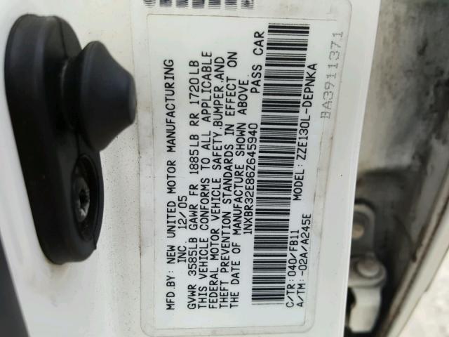 1NXBR32E86Z645940 - 2006 TOYOTA COROLLA CE WHITE photo 10