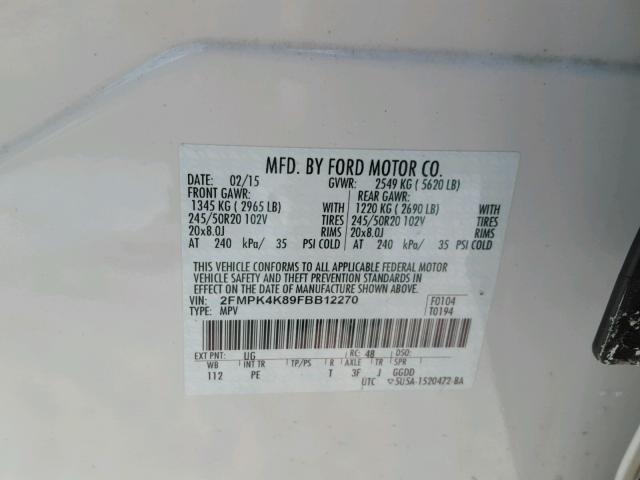 2FMPK4K89FBB12270 - 2015 FORD EDGE TITAN WHITE photo 10