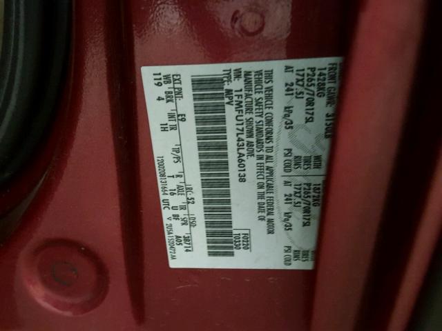 1FMFU17L43LA60138 - 2003 FORD EXPEDITION MAROON photo 10