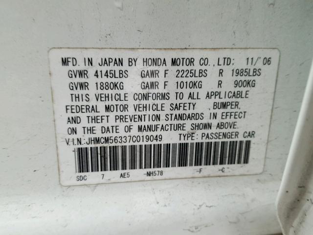 JHMCM56337C019049 - 2007 HONDA ACCORD SE WHITE photo 10