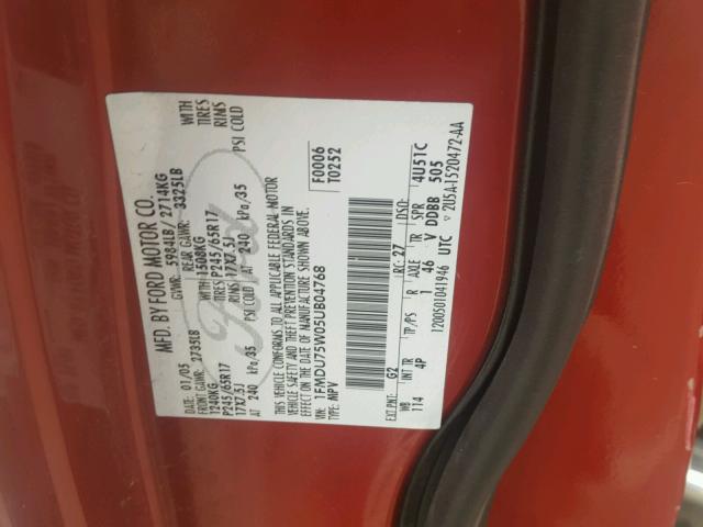 1FMDU75W05UB04768 - 2005 FORD EXPLORER L RED photo 10