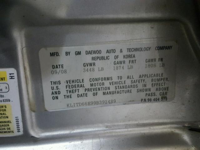 KL1TD66E99B392489 - 2009 CHEVROLET AVEO LS SILVER photo 10