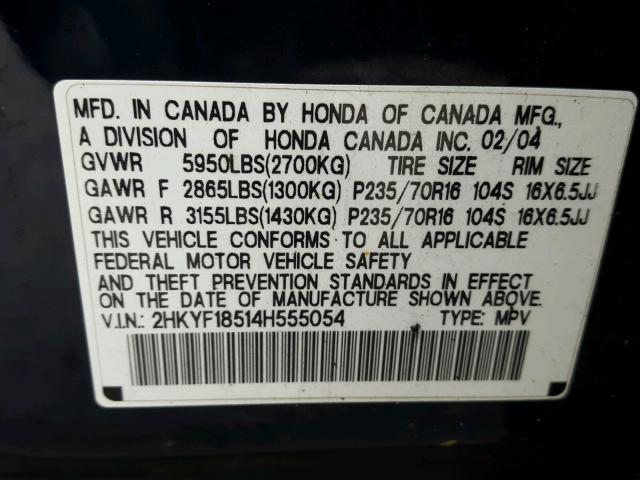 2HKYF18514H555054 - 2004 HONDA PILOT EXL BLUE photo 10