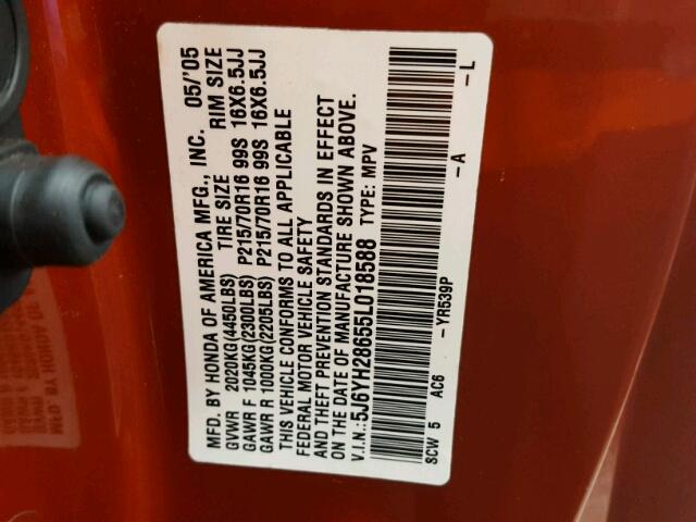 5J6YH28655L018588 - 2005 HONDA ELEMENT EX ORANGE photo 10