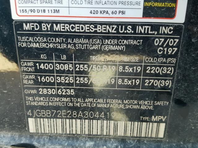 4JGBB72E28A304419 - 2008 MERCEDES-BENZ ML 550 BLACK photo 10