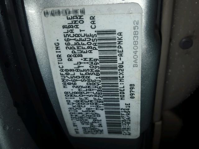 4T1BF28B6YU100399 - 2000 TOYOTA AVALON XL SILVER photo 10