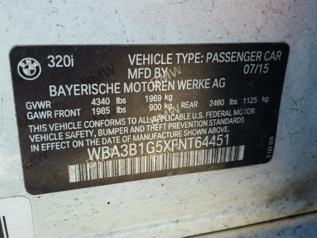 WBA3B1G5XFNT64451 - 2015 BMW 320 I WHITE photo 10