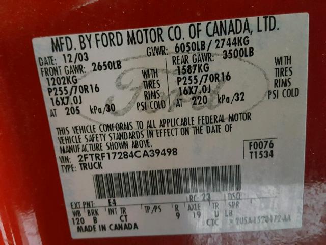 2FTRF17284CA39498 - 2004 FORD F-150 HERI RED photo 10