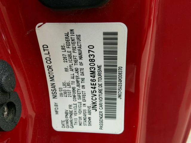 JNKCV54E64M308370 - 2004 INFINITI G35 RED photo 10