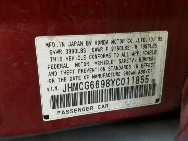 JHMCG6698YC011855 - 2000 HONDA ACCORD SE RED photo 10