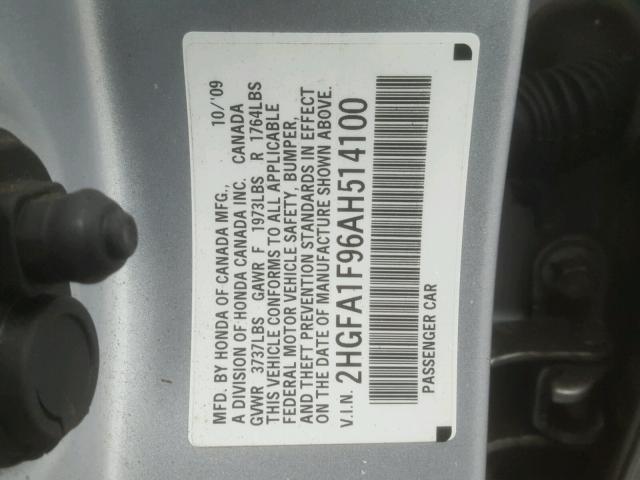 2HGFA1F96AH514100 - 2010 HONDA CIVIC EXL 银色 照片 10