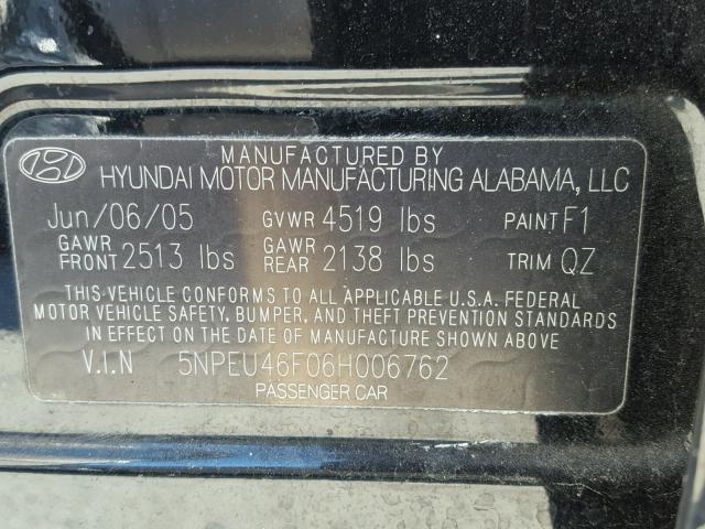 5NPEU46F06H006762 - 2006 HYUNDAI SONATA GLS BLACK photo 10