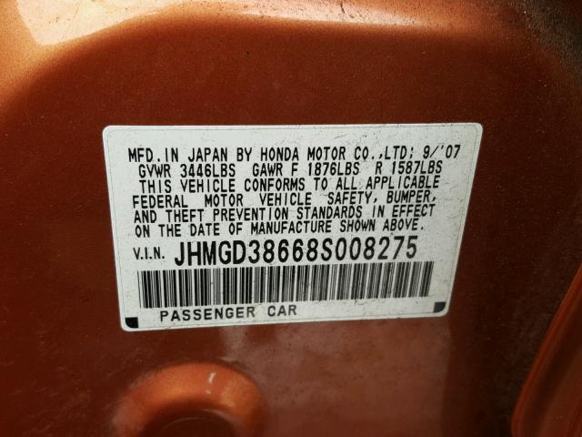 JHMGD38668S008275 - 2008 HONDA FIT SPORT ORANGE photo 10