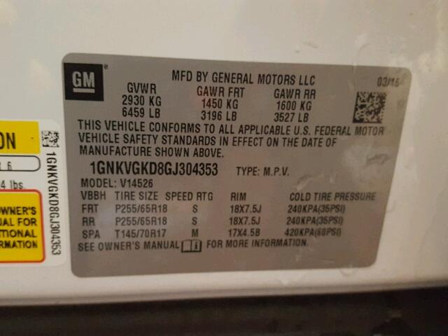 1GNKVGKD8GJ304353 - 2016 CHEVROLET TRAVERSE L WHITE photo 10