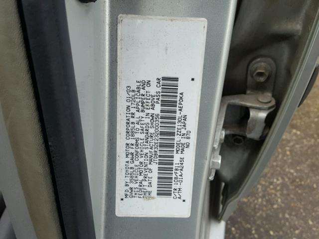 JTDBR32E232000356 - 2003 TOYOTA COROLLA CE GRAY photo 10