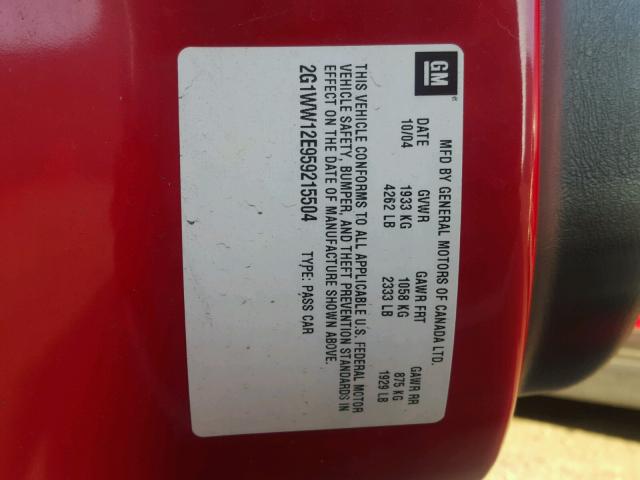 2G1WW12E959215504 - 2005 CHEVROLET MONTE CARL წითელი ფოტო 10