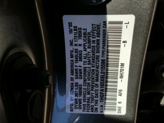 1HGFA165X6L015596 - 2006 HONDA CIVIC LX GRAY photo 10