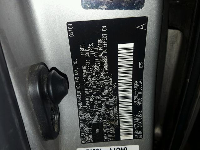 5TDZK22C08S208392 - 2008 TOYOTA SIENNA XLE SILVER photo 10