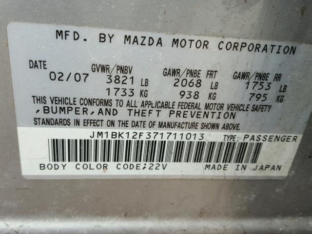 JM1BK12F371711013 - 2007 MAZDA 3 I SILVER photo 10