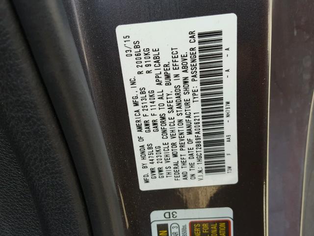 1HGCT2B89FA006211 - 2015 HONDA ACCORD EXL GRAY photo 10