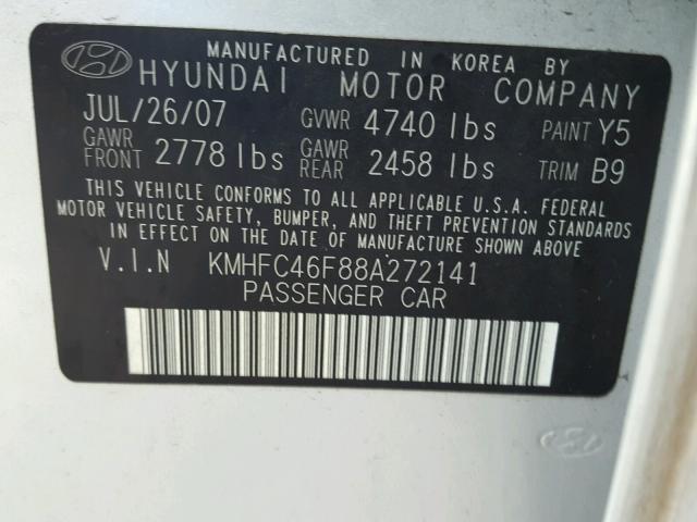 KMHFC46F88A272141 - 2008 HYUNDAI AZERA SE GRAY photo 10