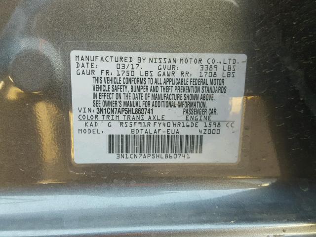 3N1CN7AP5HL860741 - 2017 NISSAN VERSA S GRAY photo 10