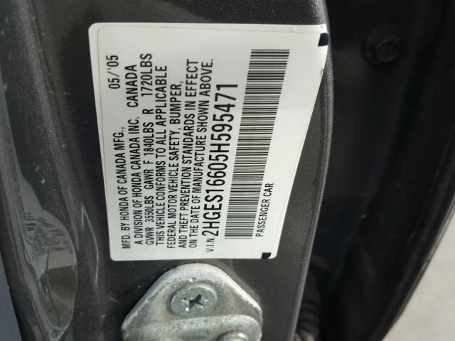 2HGES16605H595471 - 2005 HONDA CIVIC LX SILVER photo 10