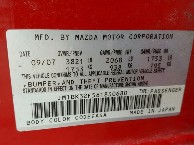 JM1BK32F581830680 - 2008 MAZDA 3 I RED photo 10