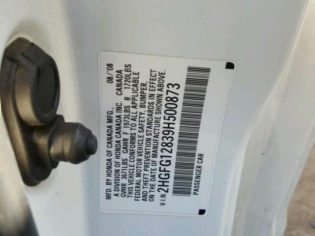 2HGFG12839H500873 - 2009 HONDA CIVIC EX თეთრი ფოტო 10