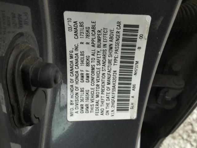 2HGFA1F59AH320724 - 2010 HONDA CIVIC LX GRAY photo 10