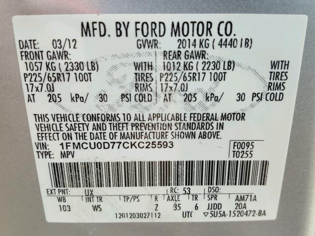 1FMCU0D77CKC25593 - 2012 FORD ESCAPE XLT SILVER photo 10