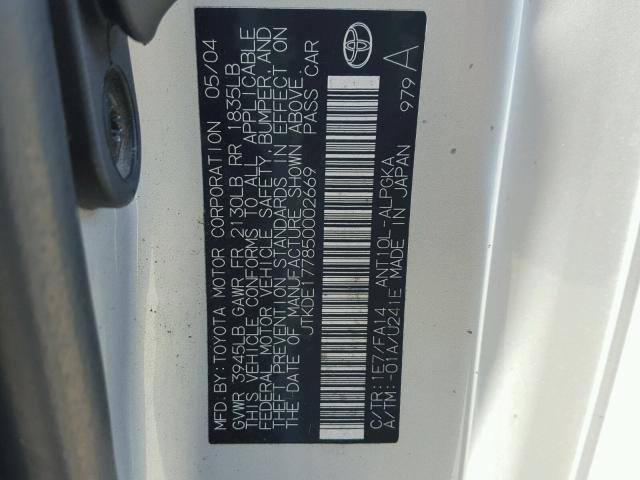 JTKDE177850002669 - 2005 TOYOTA SCION TC 银色 照片 10