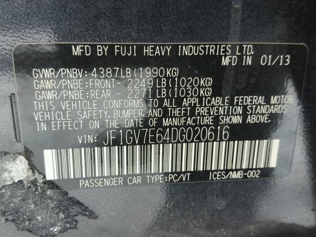 JF1GV7E64DG020616 - 2013 SUBARU IMPREZA WR GRAY photo 10