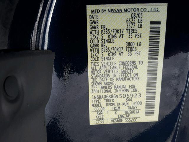 1N6BA06B86N505923 - 2006 NISSAN TITAN XE BLUE photo 10