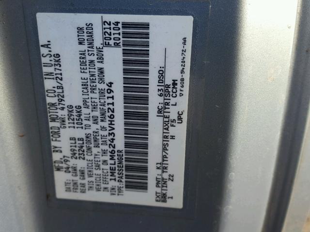 1MELM6243VH621194 - 1997 MERCURY COUGAR XR7 BLUE photo 10