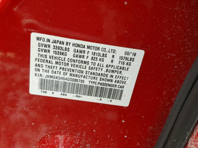 JHMGK5H54GS005785 - 2016 HONDA FIT LX أحمر صورة 10