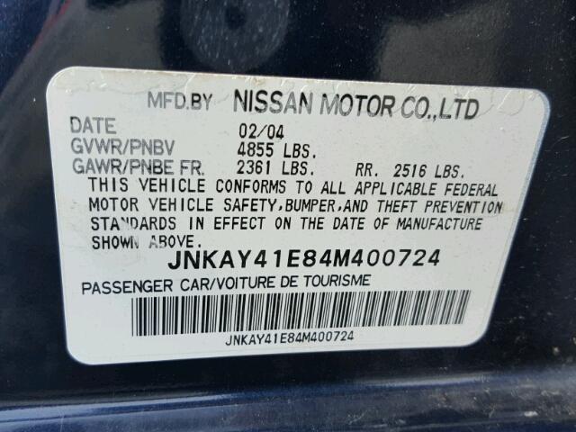 JNKAY41E84M400724 - 2004 INFINITI M45 BLUE photo 10