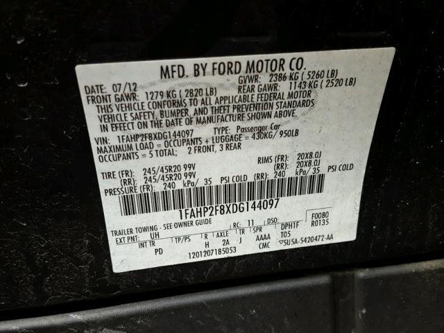 1FAHP2F8XDG144097 - 2013 FORD TAURUS LIM BLACK photo 10