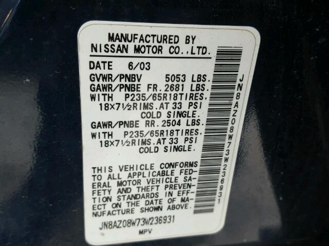 JN8AZ08W73W236931 - 2003 NISSAN MURANO SL BLUE photo 10